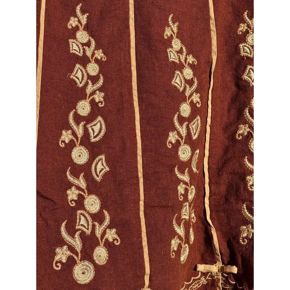 AZwell Linen Blend Embroidered Cottagecore Midi Skirt Brown Boho Prairie M - Picture 2 of 10